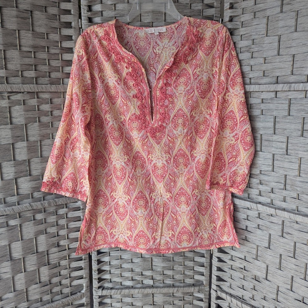 Tunic Top Pink Paisley Crochet Trim Cotton Womens Sz L Feminine Boho Festival